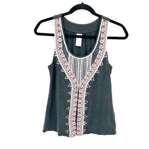 ANTHROPOLOGIE C. Keer Gray White Vintage Embroidered Y2K Boho Tank Top Small
